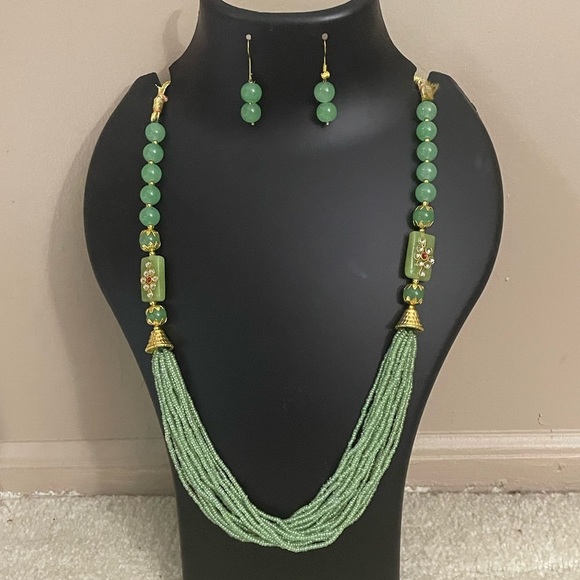 Salwar Kameez Jewelry - Mint green beads necklace bollywood necklace set